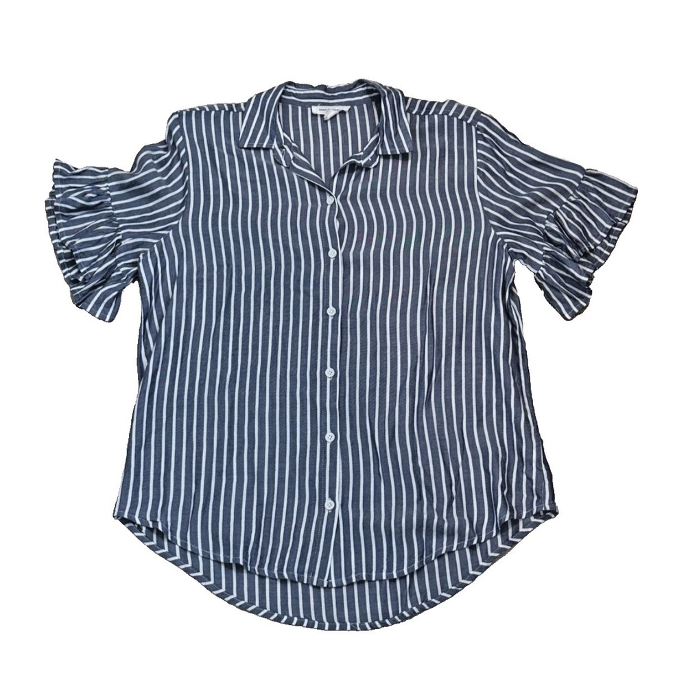 Beach Lunch Lounge Women's Ruffle Sleeve Blouse Blue with White‎ Stripes - Small